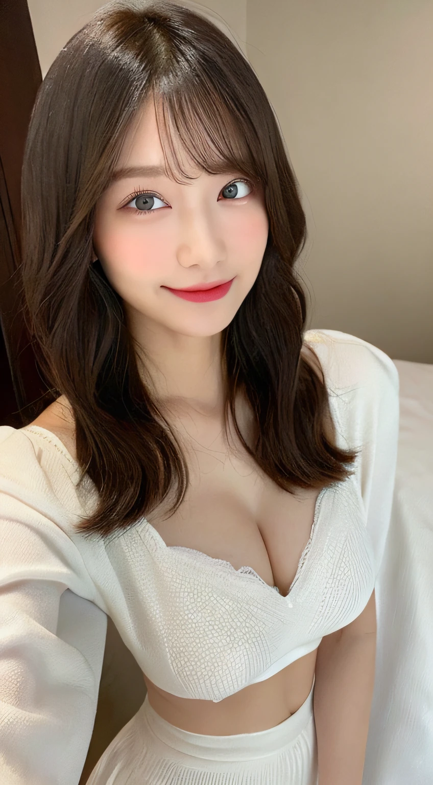 masterpiece、top-quality、realisitic、(A hyper-realistic), (illustratio), (hight resolution), (8K), (ighly detailed), (The best illustrations), (beatiful detailed eyes), (top-quality), (ultra-detailliert), (masterpiece), (wall-paper), (详细的脸), a bed、Upper body close-up,(Armpit), A smile,Plump,独奏,((Wearing a silk plunged open shirt:1.5)), full of sweat, japanes, (camel's toe)、huge-breasted、livingroom, well-groomed white teeth、Ultimate Beauty、full of sweat、cleavage of the breast、Navel、