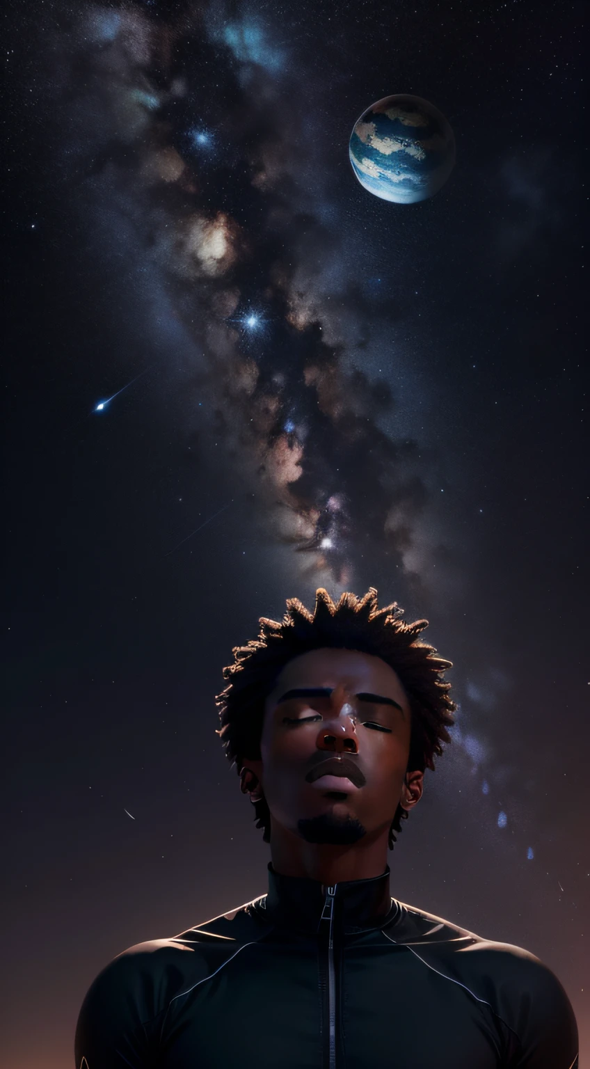 There is a black man with his eyes closed in the middle of the nocturnal nature, The sky is filled with stars and planets, multidimensional, meditation, homem negro, rosto detalhado, full hd, luz das estrelas com luzes de neon