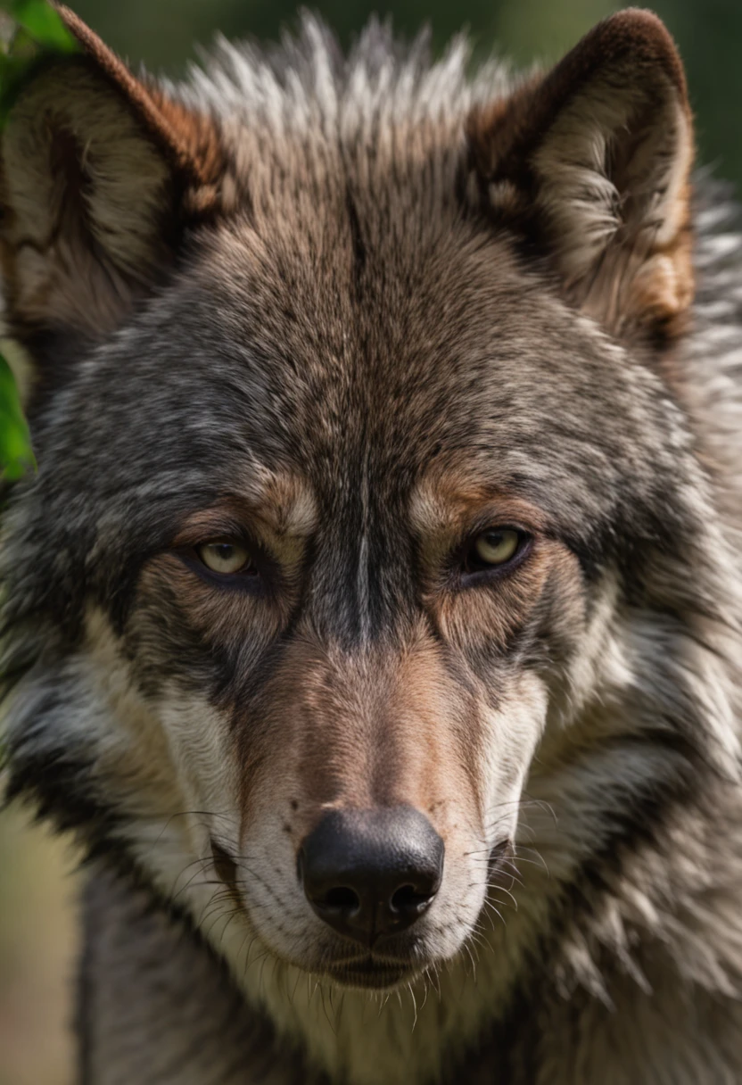 High nation-geographic symmetrical close-up portrait shoot in green jungle of an expressive wolf, anamorphic lens, ultra-realistic, hyper-detailed, green-core, jungle-core –ar 16:9 –q 2 –v 5