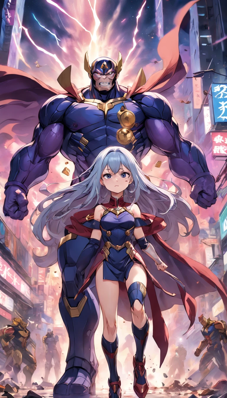 Os vingadores estilo animes , todos os vingadores , Scenario with destruction , Thanos ao fundo , roupas tradicionais , olhar fixo , imagens sem qualquer deformidade , melhor qualidade em tudo , obra prima