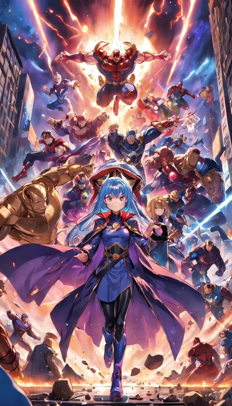 Os vingadores estilo animes , todos os vingadores , Scenario with destruction , Thanos ao fundo , roupas tradicionais , olhar fixo , imagens sem qualquer deformidade , melhor qualidade em tudo , obra prima