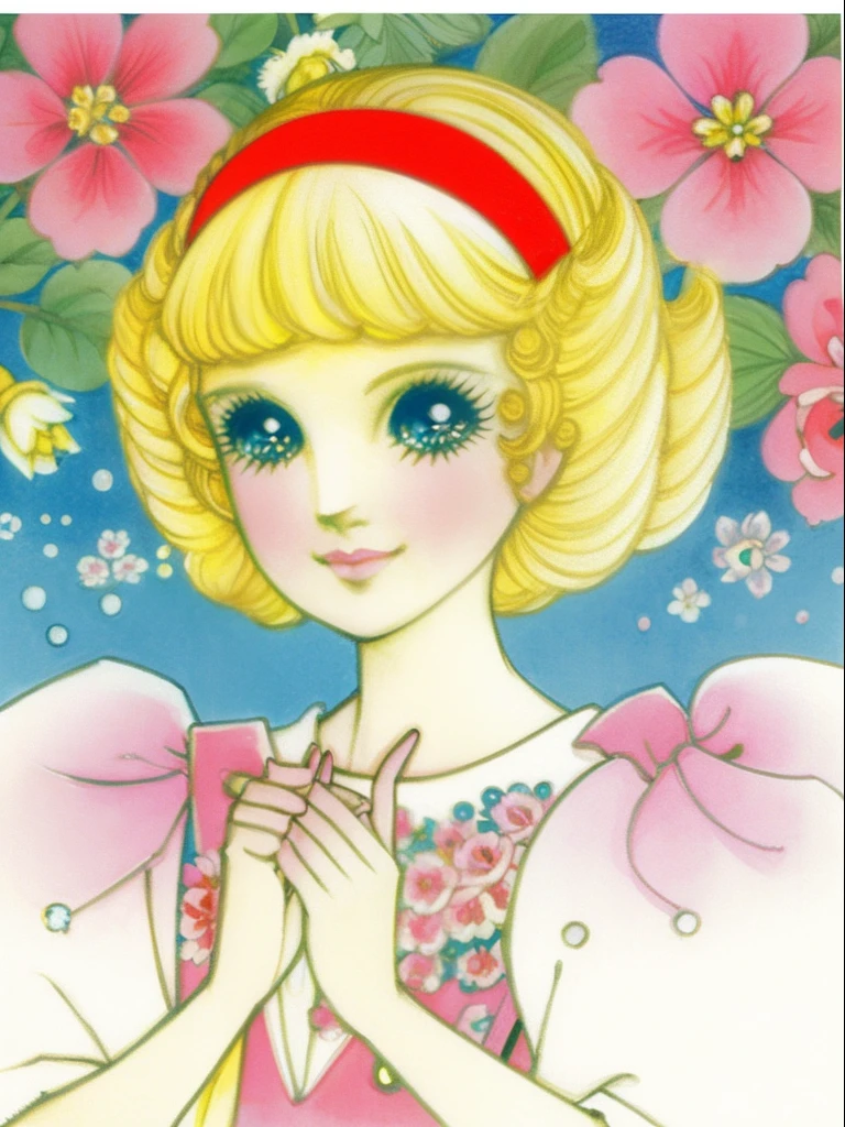 downy,1980 anime,Retro anime,Rumiko Takahashi,Kizi,blond hairbl,gentleness,Brush strokes,,grin,Gorgeous dress,Take the flowers,palace background