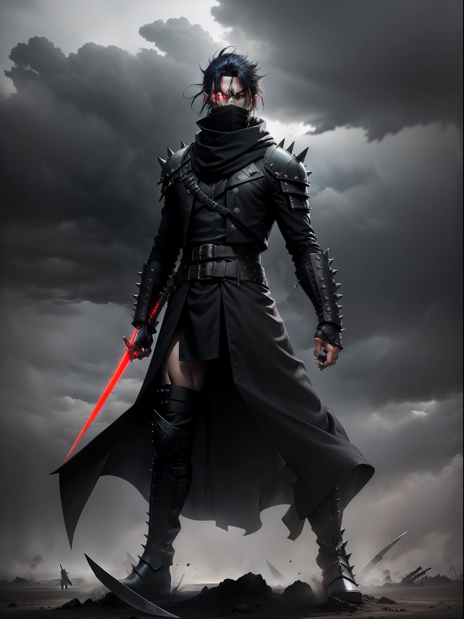 Wasteland Steppe Storm Approaching Black Trench Coat Swordsman Black cuirass full of horn-like spikes Man Red blade Black blade Black blade Saber with huge spikes protruding Japanese man Tall Serious expression Straight front Face front Straight posture Knife handle in left hand Knife handle in right hand Clothes swinging in the wind Black scarf Tokusatsu Black boots