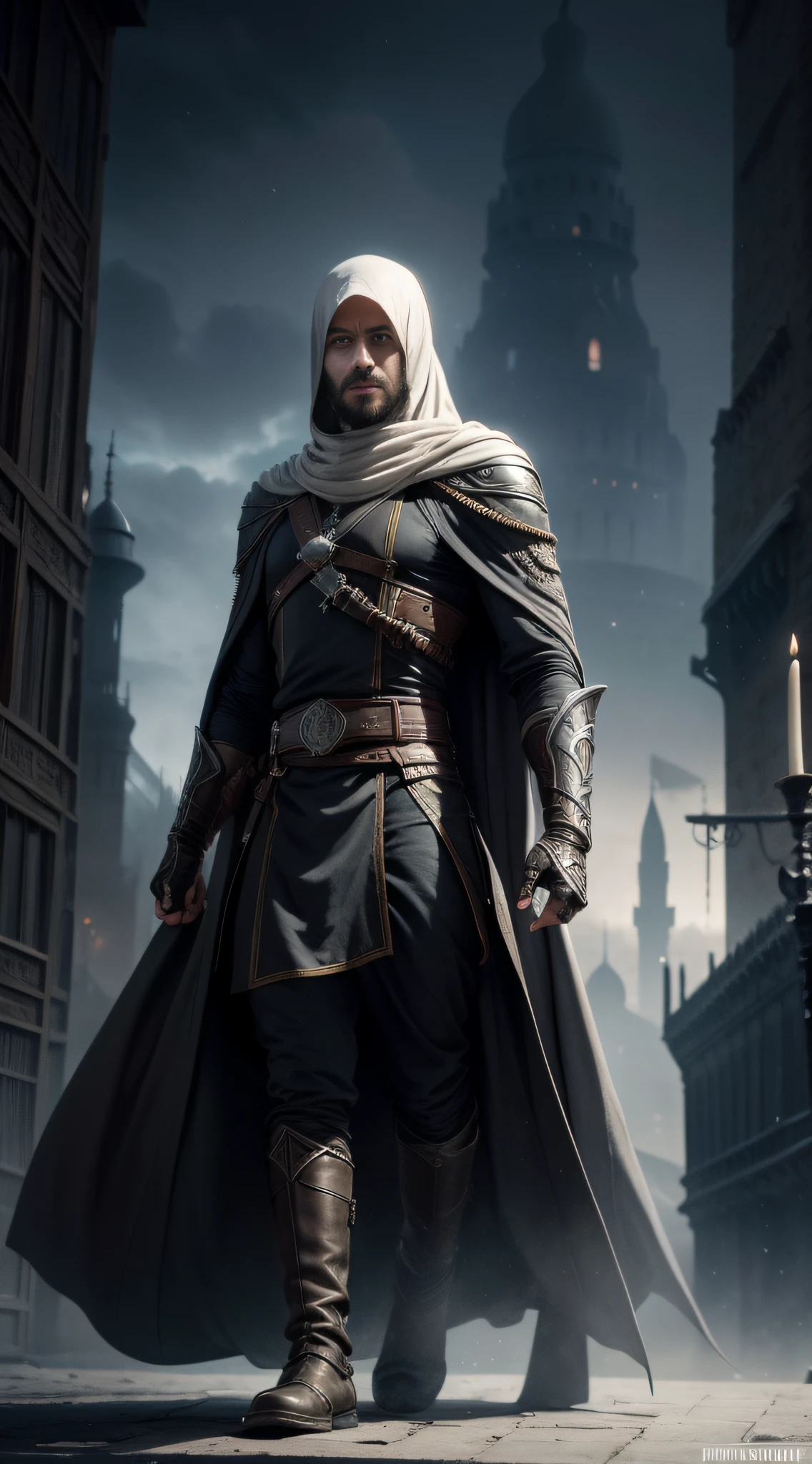 An octane rendering of Altaïr Ibn La-Ahad by Tsutomu nihei, , Dark and mysterious background ,Ville arabe , Arabe, complexe, highly detailed, digital painting, ArtStation, lisse, mise au point nette, illustration, dessins de Krenz Cushart et Artem Demura et alphonse mucha
