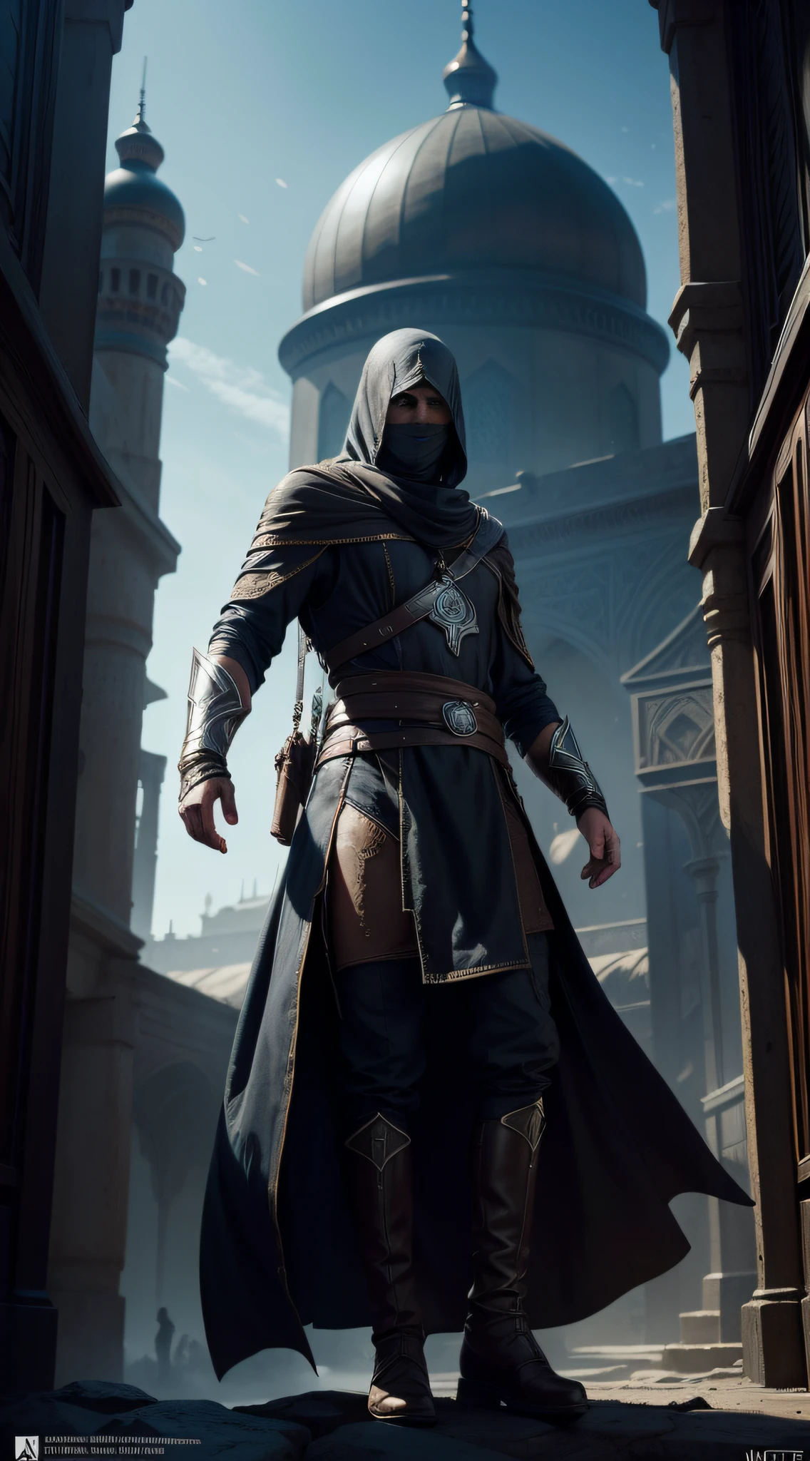 An octane rendering of Altaïr Ibn La-Ahad by Tsutomu nihei, , Dark and mysterious background ,Ville arabe , Arabe, complexe, highly detailed, digital painting, ArtStation, lisse, mise au point nette, illustration, dessins de Krenz Cushart et Artem Demura et alphonse mucha