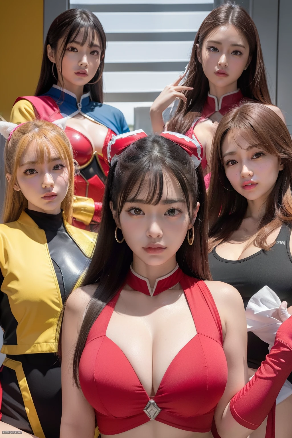Outrageous resolution、hight resolution、(masterpiece:1.4)、ultra-detailliert、Crisp details、Dramatic and photorealistic pictorial art、Super Sentai Series、Megaranger、Hero Mask、(reddish、verdant、A black、amarelo、pink there、Fivesome)Righteous heroes、Decide on a transformation pose、