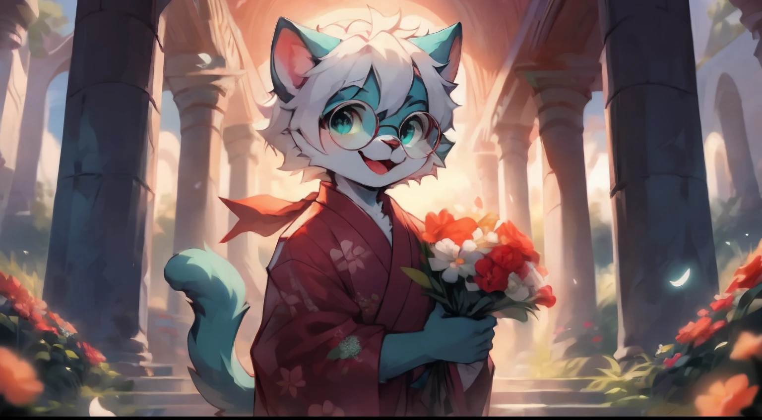 a portrait of a sexy fully grown mature and aged adult male cat with big circle glasses and a red scarf, The cat is very tall. bushy tail, and perked-up fluffy big ears, one ear is lowered. He wears a fluffy warm and cozy kimono, a handsome cat fursona with teal fur color, the chest has white fur, white fur around mouth and cheeks, white hair, fluffy black cat ears, fluffy white neck. he is holding a bouquet of flower with both of his hand, he have an open mouth teethful smile. there are fields of flowers in the background, there are pillars in the background, extremely detailed background, detailed eyes