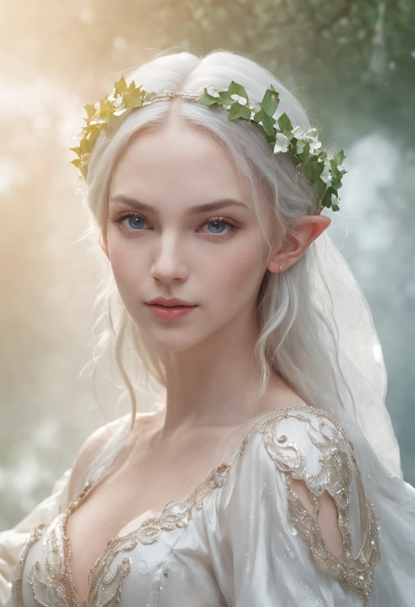 Elf Princess,Extremely detailed CG graphics,Best Picture Quality,A high resolution,Fantastic and beautiful scene,Floating posture,A girl in a white fairy robe,Blue eyes,Pure face,Droplets of water sprinkled in the sky,Clouds,twilight,A wide landscape,Watercolor-like picture。