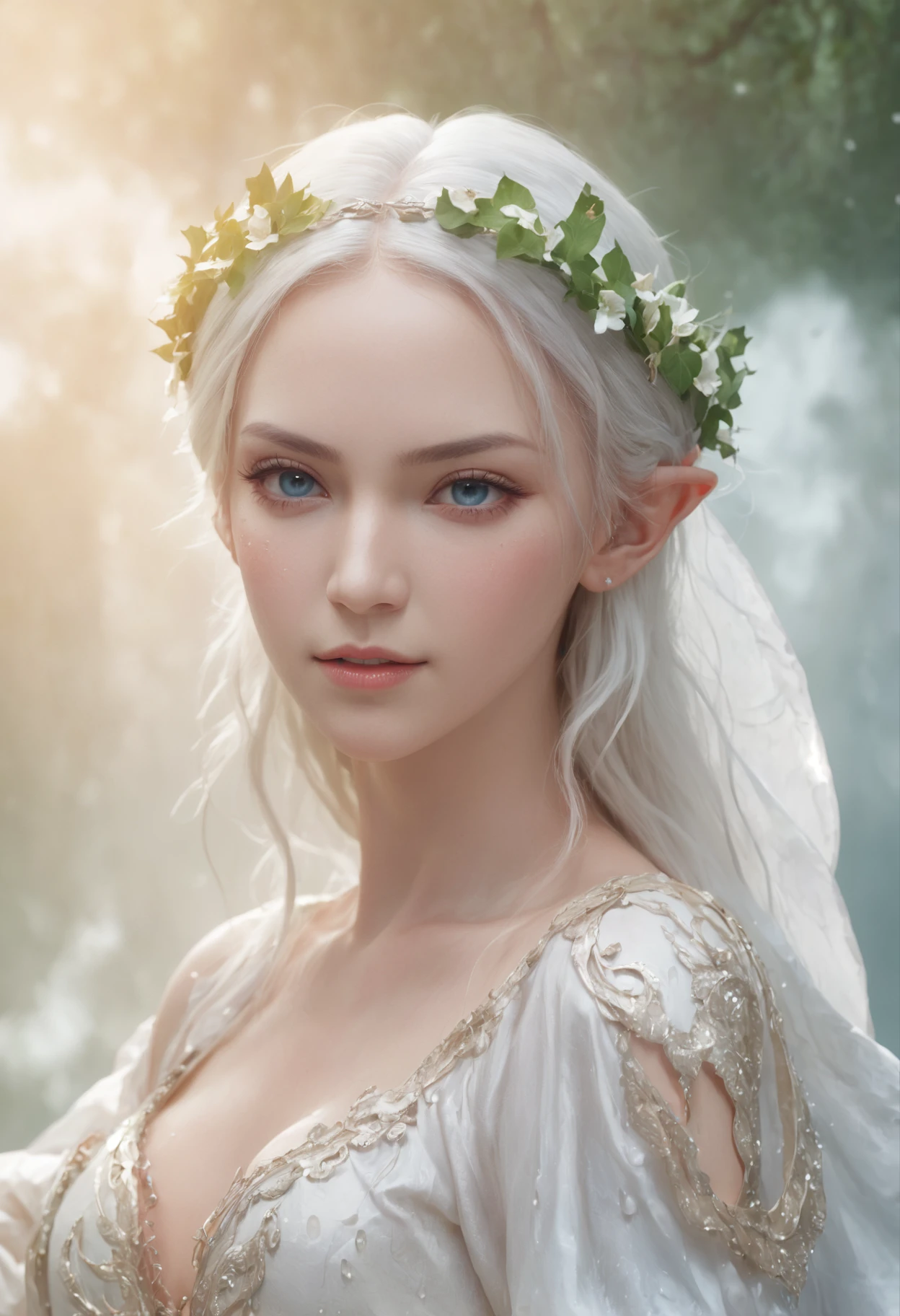 elf princess,Highly detailed CG graphics,The highest image quality,hight resolution,Fantastic and beautiful scene,Floating posture,Girl in white fairy robe,Blue eyes,Pure face,Water droplets in the sky,Clouds,Twilight,A wide landscape,Watercolor-like picture。ars、silber hair