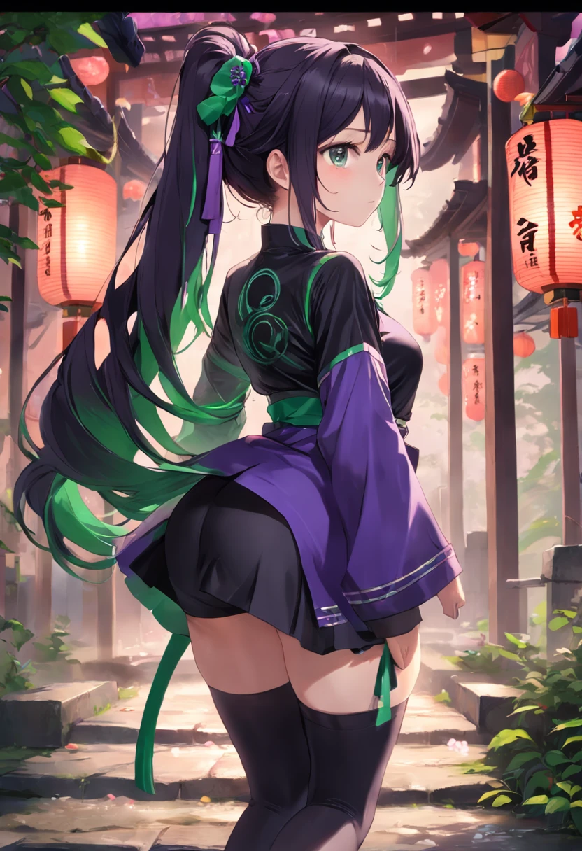 cabelos preto e longos,Side ponytail,Purple and green clothes,China-style,black lence stockings,444 Hz, Beautiful, Breathtaking, Highly detailed, 8K, Use, Affectionate, Ultra photo realsisim, scenery