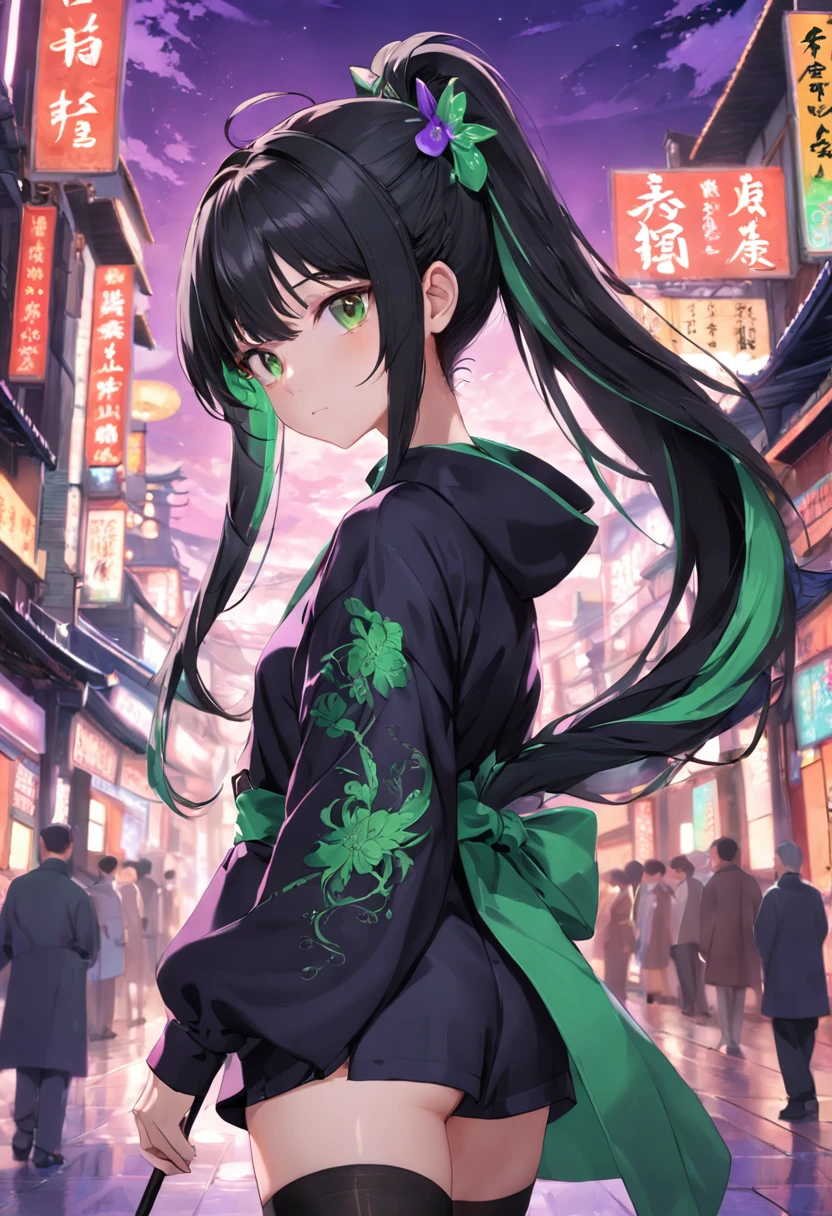 cabelos preto e longos,Side ponytail,Purple and green clothes,China-style,black lence stockings,444 Hz, Beautiful, Breathtaking, Highly detailed, 8K, Use, Affectionate, Ultra photo realsisim, scenery