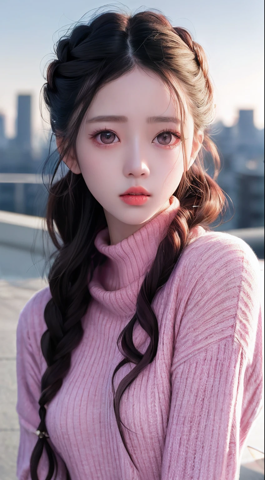 8k, RAW photo, best quality, masterpiece, high detail RAW color photo, professional photograph, (realistic, photorealistic:1.37), (high detailed skin:1.2), high resolution, beautiful detailed eyes, (hard focus:1.4), (sharp focus:1.4),
realistic , (8K UHD:1.2) , photoreaslistic
High quality shadow, 
parted_lips, slender face,
(wavy hair), Half-up top knot, Crown braid, Pink eye color, suggestive look,
(extremeface closeup),  pov, (((depth of field))), pale and lustrous skin, 
Cropped cowl neck sweater,
30yo  age,
buruma,
Rooftop,
bokeh, lens flare, (vignette:0.8), dramatic lighting, cinematic lighting, back light, professional lighting, physically-based rendering, ulzzang-6500-v1.1, pureerosface_v1.