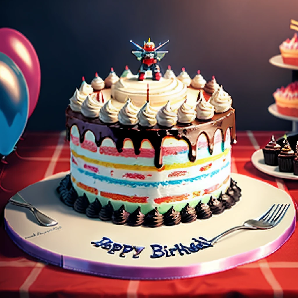 Set at a birthday party,There is a birthday cake on the table,There's a Gundam robot on the cake