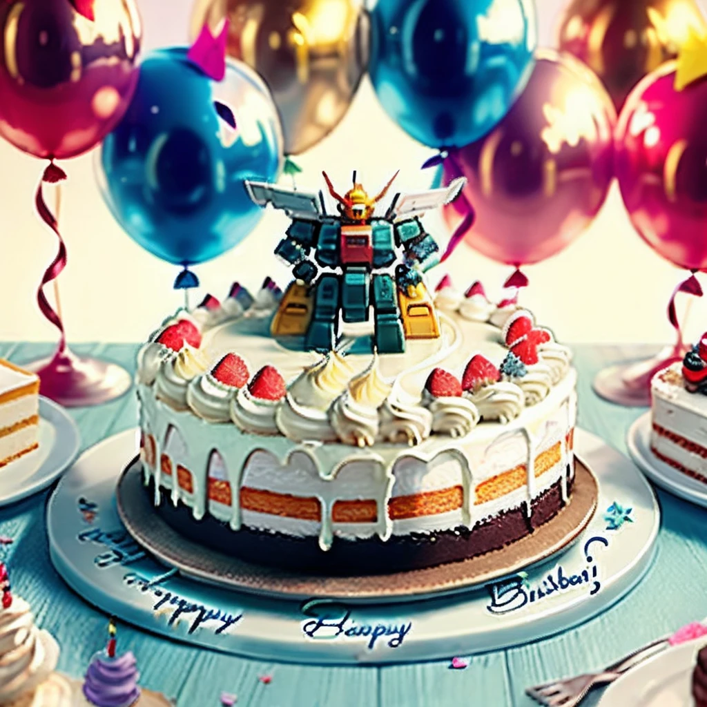 Set at a birthday party，There is a birthday cake on the table，There's a Gundam robot on the cake