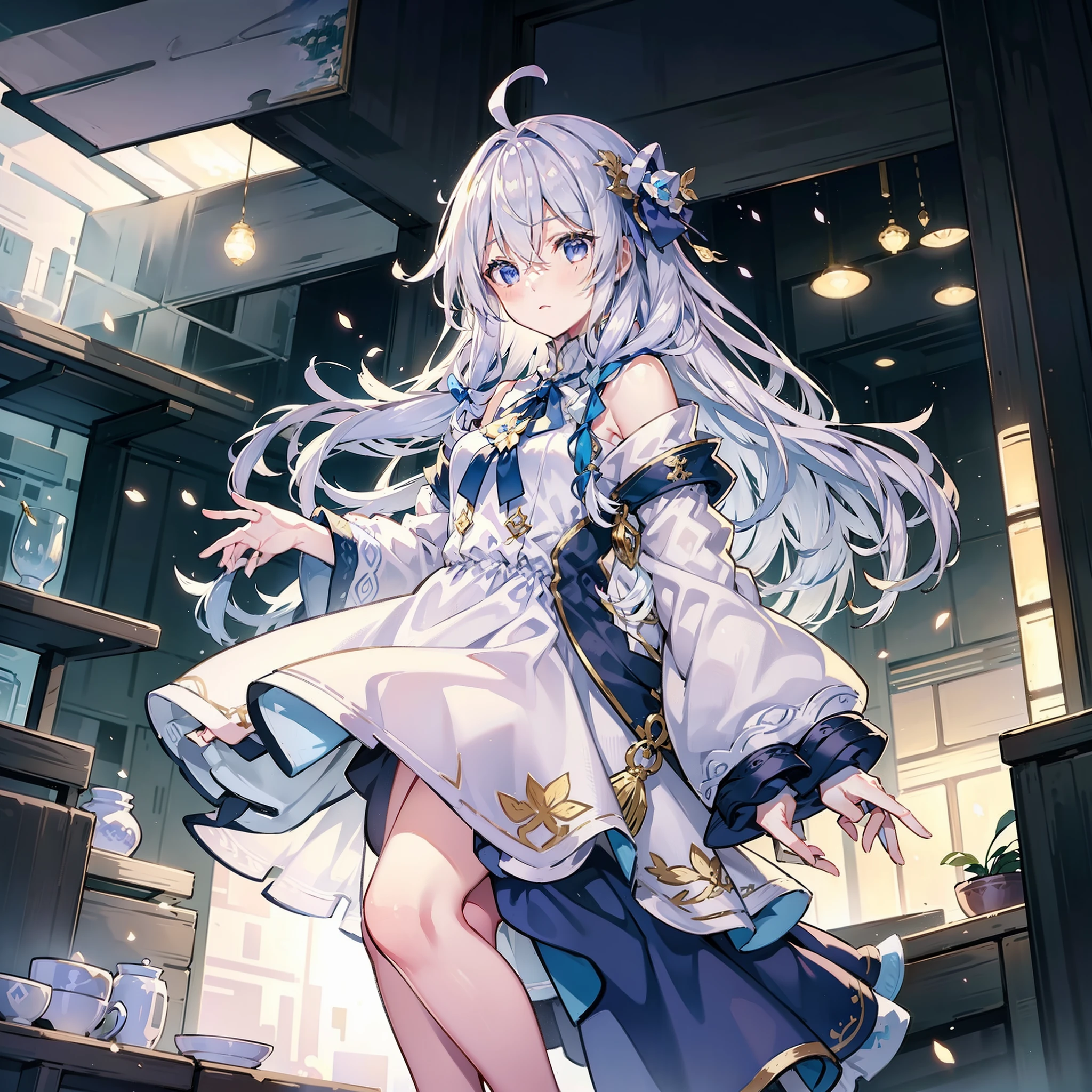 "Two-dimensional painting style, High quality CG illustration, Vivid and detailed characters: (A girl), Pure and transparent eyes, Blue glow, Long, beautiful hair: (white color hair), Cute outfit, Light and flowing action, Fantastic background, Heart-warming colors, Delicate painting style, Make a pleasing painting."