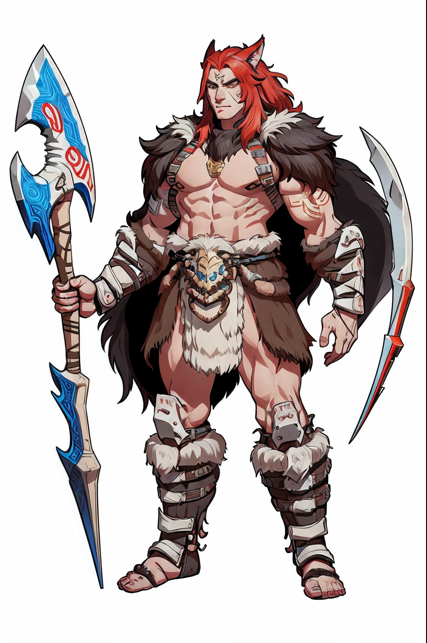 1 boy、独奏，full bodyesbian，barbarian warrior，Dressed in wolf skin，standing on your feet，ax，simple backgound，Magical fantasy design，character concept design，Beautiful face and eyes，tmasterpiece，best qualtiy，Best resolution，high definition detail