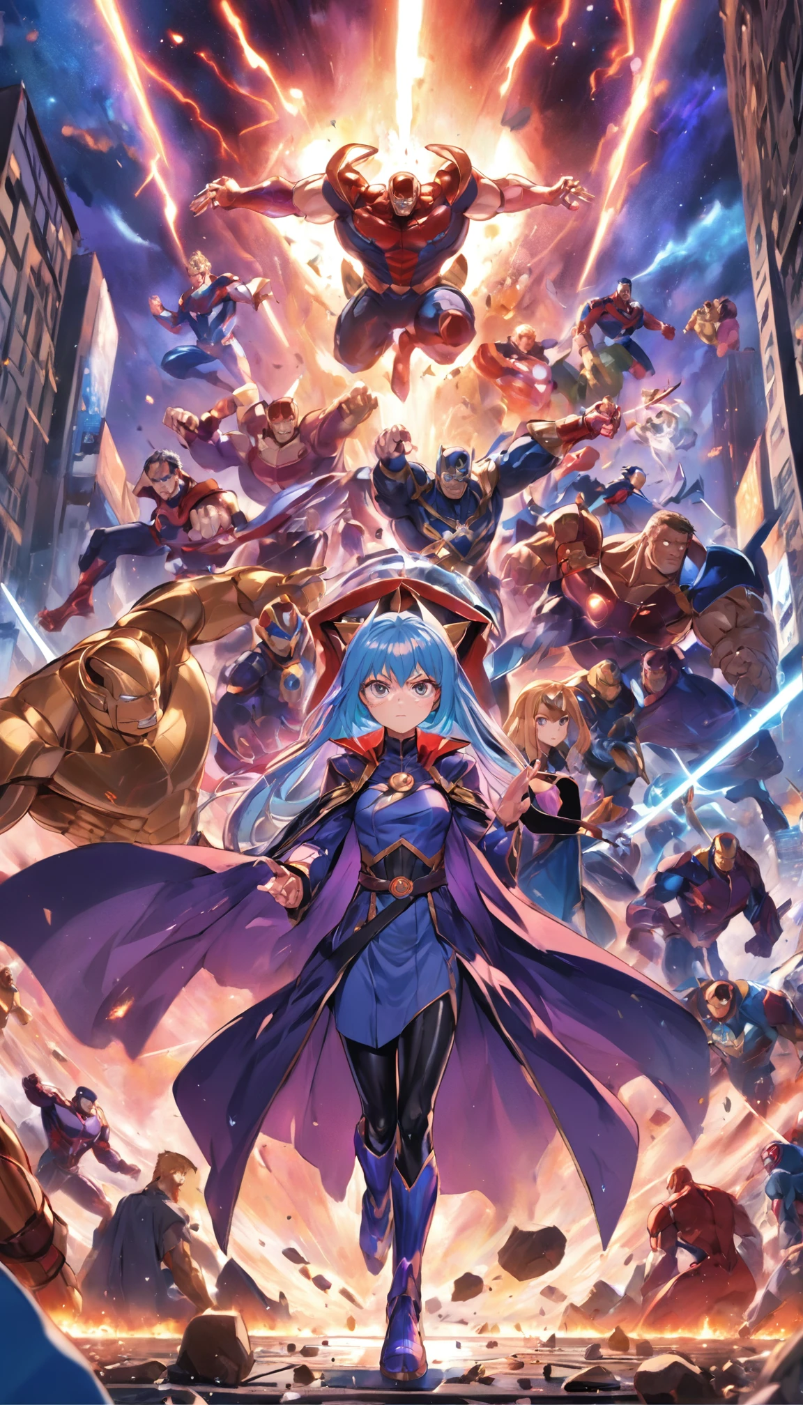 Os vingadores estilo animes , todos os vingadores , Scenario with destruction , Thanos ao fundo , roupas tradicionais , olhar fixo , imagens sem qualquer deformidade , melhor qualidade em tudo , obra prima