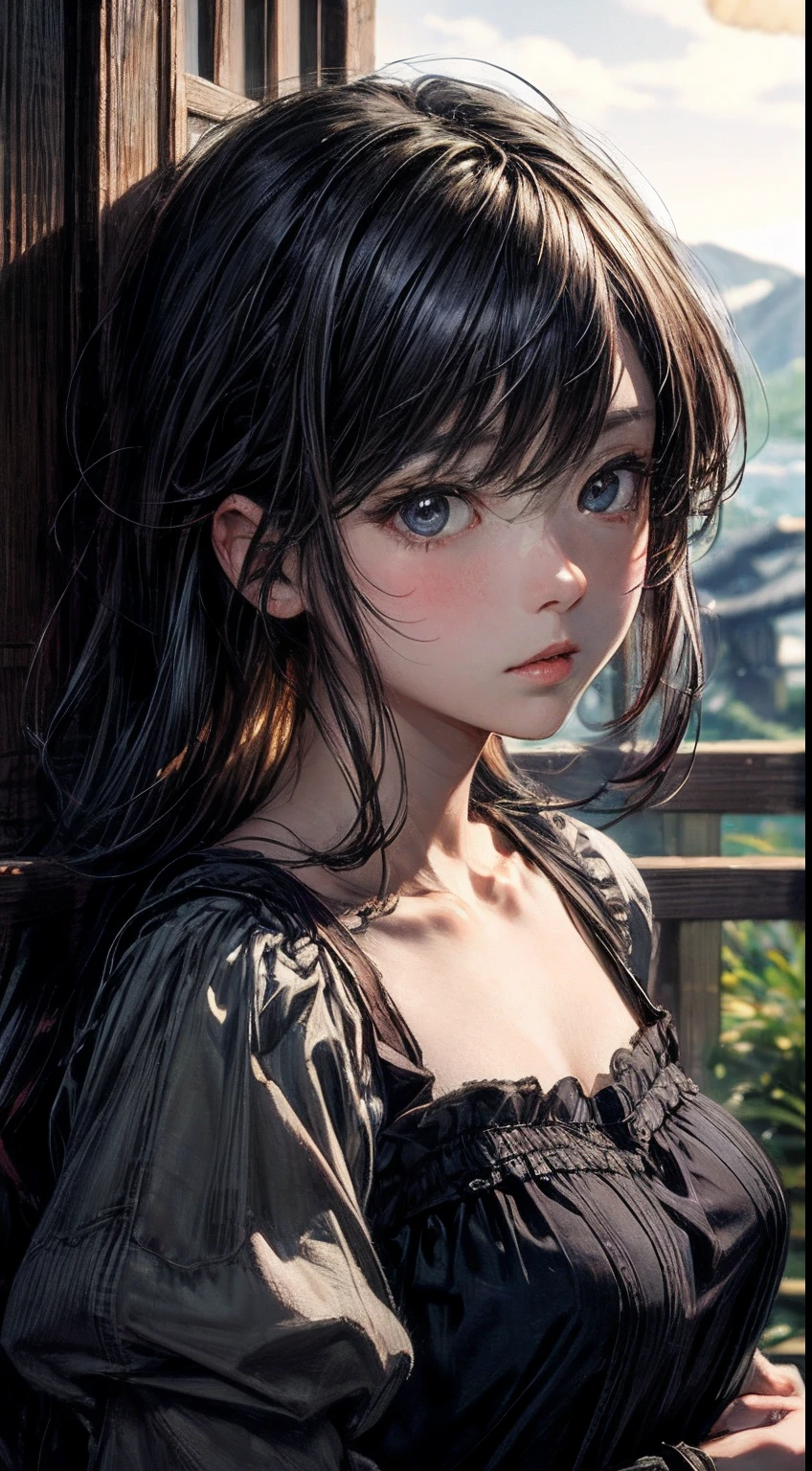 doll,Bigchest,sitted,Standard human body,Wide background,Side shot, (deserted:1.3), (tmasterpiece, 最好质量, Near and far law, depth of fields:1.5), florals, Umi, clouds, beautiful face, from below, 8K, RAW photogr, absurdist, Impresionismo, (Tom Thomson, Claude Monet, Joaquin Sorolla, James Wilson Morris, Jon Fabian Aluson, Hugh Henry Breckenridge:0.8), hdr, photoreallistic, Film grains, color difference, k hd, ultra - detailed, finedetail, 动态照明, Dramatic lighting、shadowy、Sharp focus、very detailed eyes and faces、Sharp pupils、Realistic pupils