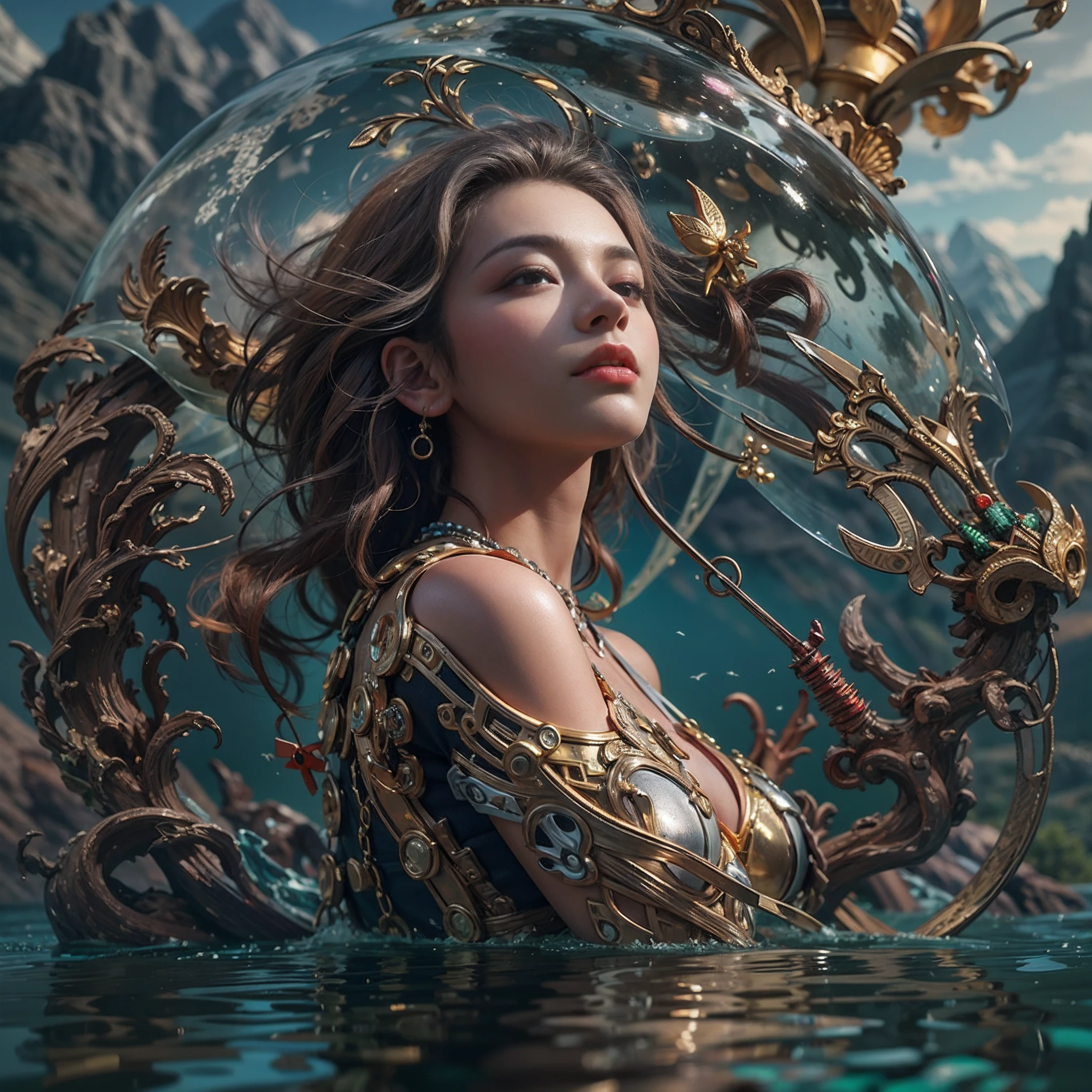 Beautiful 25 year old girl floating on water, Located in the center, Float above the lake water with mountains in the background,Fractal design sphere around, Cyberpunk, Fractal design for the background, Futuristic, Golden ratio, 3D tessellation of metal structures, Neurograph, neurons, Color, Amor, passion, oil on canevas, thick brushstrokes, amazingly detail, 8K, masterpiece, art stations, surrealist, masterpiece, realist, 真实感, rendered, highly contrast, Art Station 8K HD High Definition Detail Real and Trending Photorealistic Digital Art, detailliert, Skin Texture, Hyper-detailing, realistic skin textures, s Armor, Better Quality, 超A high resolution, , high resolusion, detailliert, Raw foto, Nikon D850 Film Stock Photography 4 Kodak Portra 400 Camera F1.6 lens rich colors hyper realistic texture dramatic lighting unrealengine trend in artstation cinestill 800,