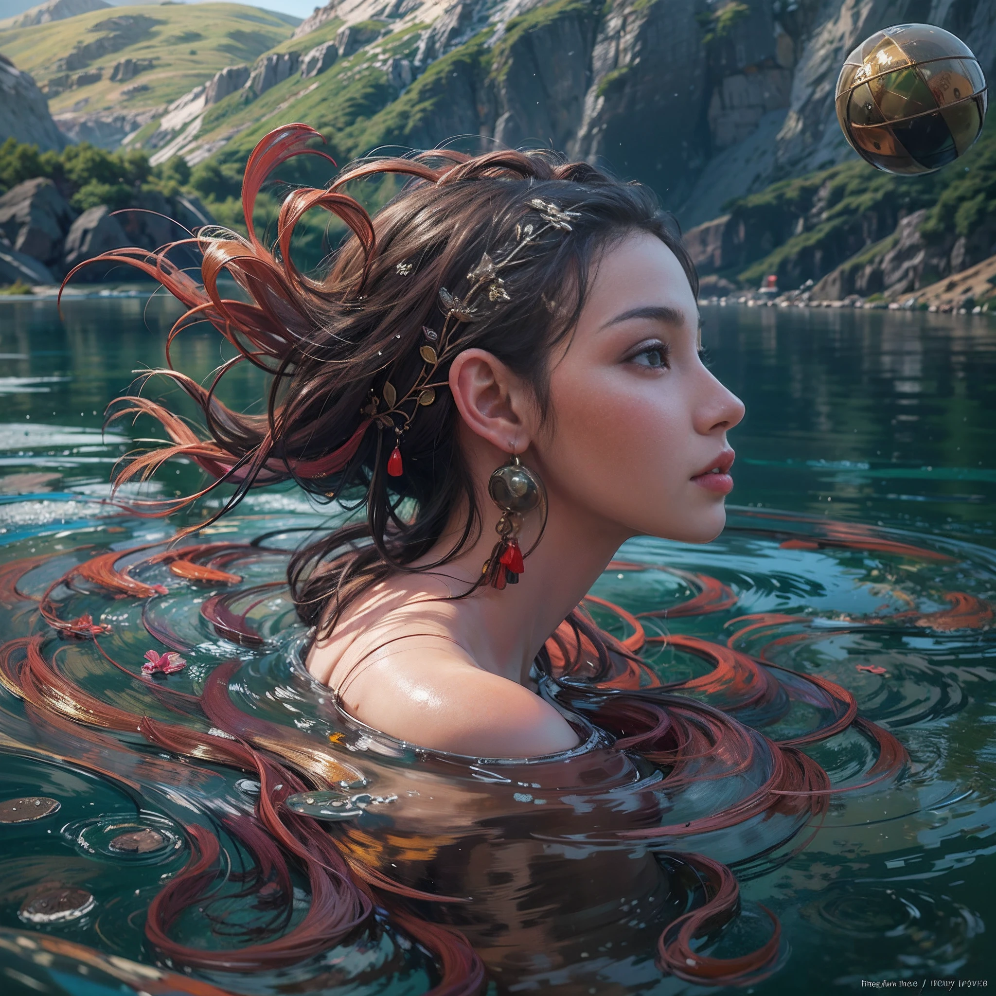 Beautiful 25 year old girl floating on water, Located in the center, Float above the lake water with mountains in the background,Fractal design sphere around, Cyberpunk, Fractal design for the background, Futuristic, Golden ratio, 3D tessellation of metal structures, Neurograph, neurons, Color, Amor, passion, oil on canevas, thick brushstrokes, amazingly detail, 8K, masterpiece, art stations, surrealist, masterpiece, realist, 真实感, rendered, highly contrast, Art Station 8K HD High Definition Detail Real and Trending Photorealistic Digital Art, detailliert, Skin Texture, Hyper-detailing, realistic skin textures, s Armor, Better Quality, 超A high resolution, , high resolusion, detailliert, Raw foto, Nikon D850 Film Stock Photography 4 Kodak Portra 400 Camera F1.6 lens rich colors hyper realistic texture dramatic lighting unrealengine trend in artstation cinestill 800,