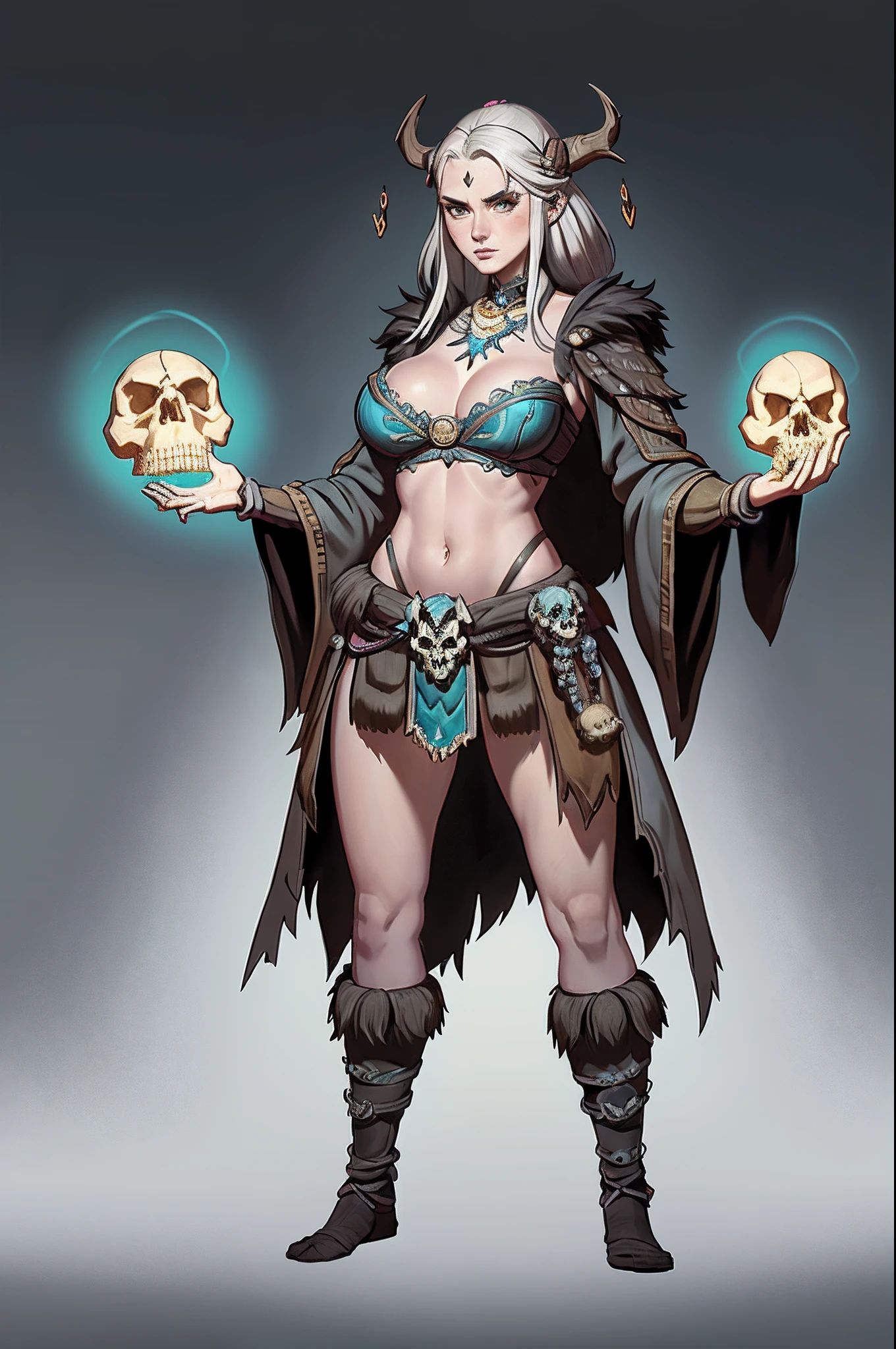 1个Giant Breast Girl、独奏,full bodyesbian,the witcher,Spell casting action,standing on your feet,Glowing magic ball,Skulls float around,simple backgound,Magical fantasy design,character concept design,Beautiful face and eyes,tmasterpiece,best qualtiy,Best resolution,high definition detail