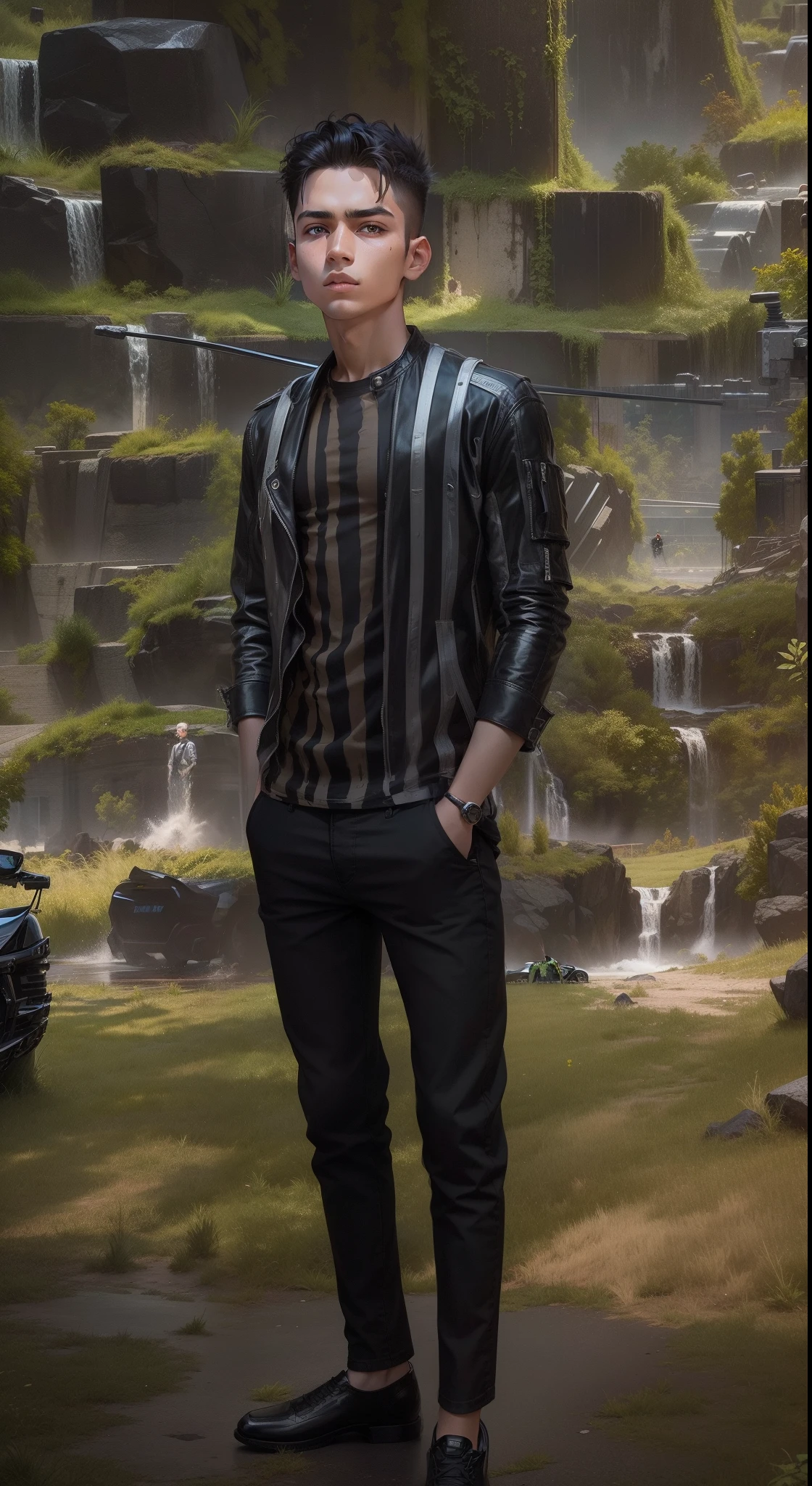 a young boy physically good wearing black shirt jeans that look awsome and dark jacket standing near a supercar and a heliptor on him potrait , a little bit distinguished forehead , black eyes , light beard
