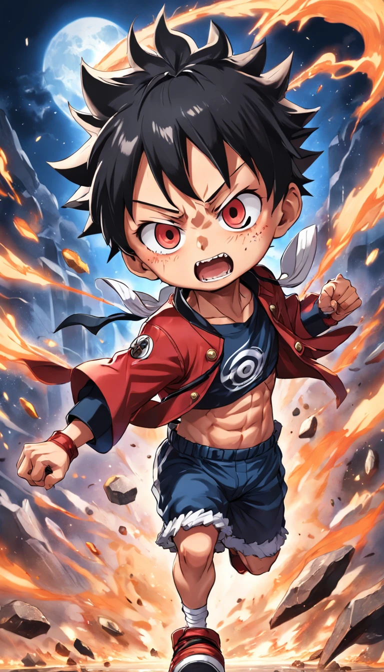 Luffy chibi gear 5 , Scenario with destruction , roupas tradicionais , olhar fixo , imagens sem deformidades , melhor qualidade em tudo , obra prima