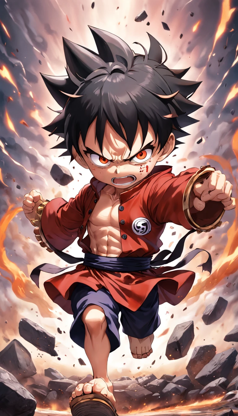 Luffy chibi gear 5 , Scenario with destruction , roupas tradicionais , olhar fixo , imagens sem deformidades , melhor qualidade em tudo , obra prima