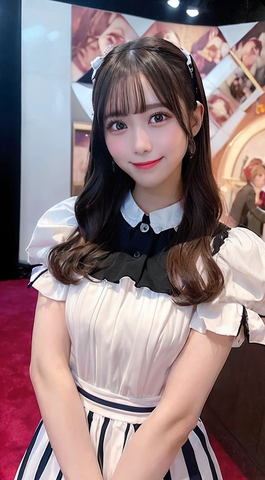 full body Esbian、Leaning forward、Lolita、Idol Costumes、(8K、Raw photography、Top image quality、​masterpiece:1.2)、high-definition RAW color photography、professional photograpy、cowboy  shot、(realisitic、photos realistic:1.37)、((top-quality))、女の子1人、ciinematic light、(Face of detail:1.2)、(​masterpiece:1.5)、(top-quality:1.2)、(A smile:1.2)、(Look at viewers:1.2)、Lolita、Idol、doress、stage、spot light、concert、mascara、makeups、teak