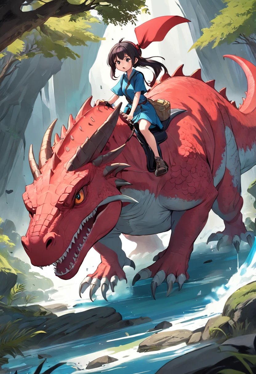 Cartoon picture of a girl riding a red dinosaur,author:New Art, front cover of a new video game, dragon vore art, official fanart, author:Sheng Maoye, author:Shitao, Detailed fanart, Stone Age, dragon vore, Official artwork, I just saw a huge dragon, offcial art, nostalgia guy and small creature