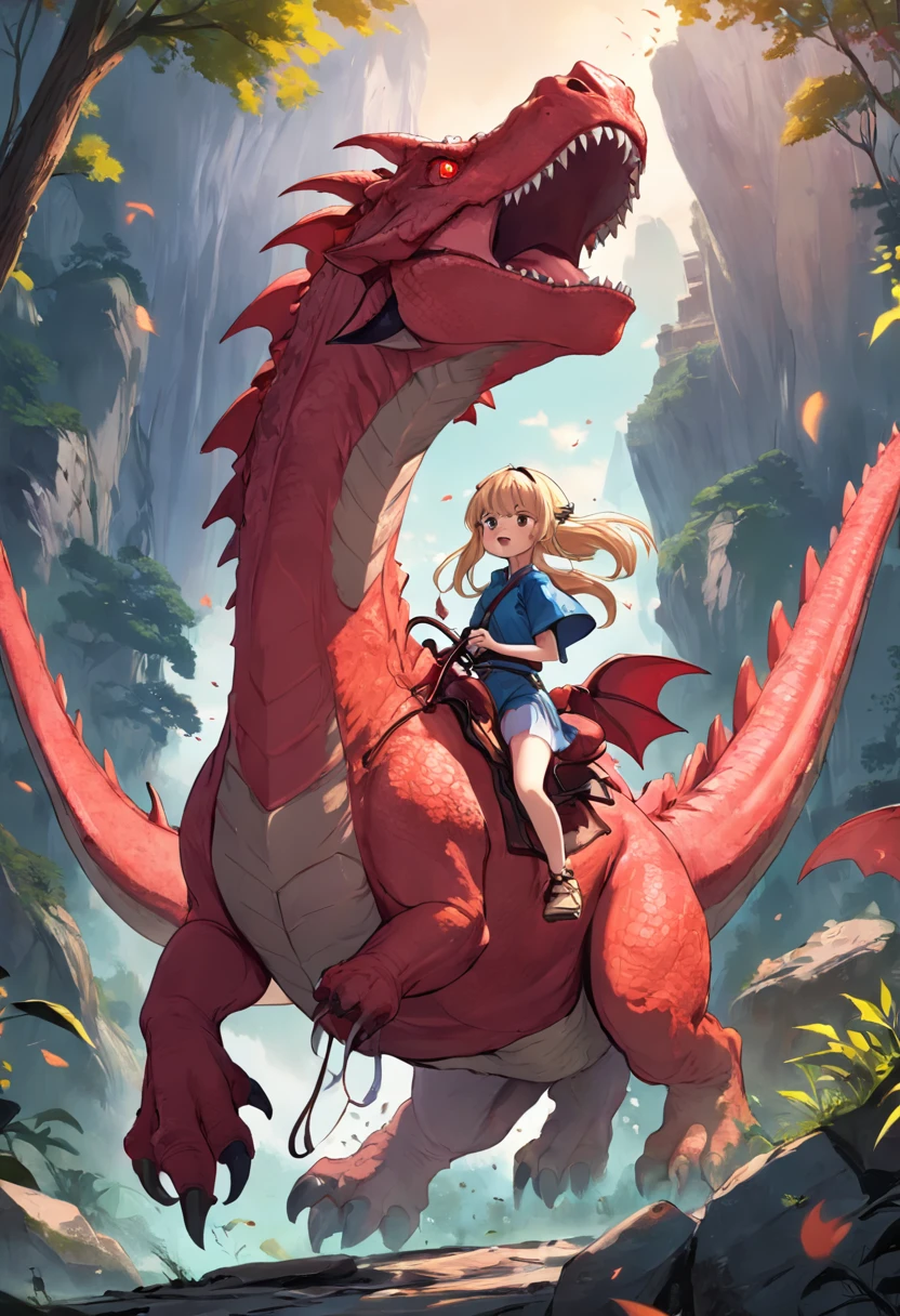 Cartoon picture of a girl riding a red dinosaur，author：New Art, front cover of a new video game, dragon vore art, official fanart, author：Sheng Maoye, author：Shitao, Detailed fanart, Stone Age, dragon vore, Official artwork, I just saw a huge dragon, offcial art, nostalgia guy and small creature