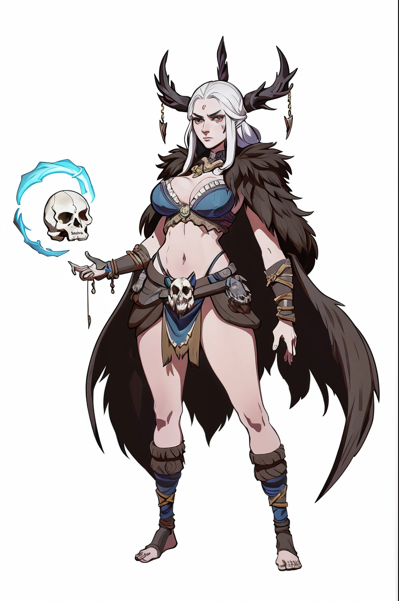 1个Giant Breast Girl、独奏,full bodyesbian,the witcher,Spell casting action,standing on your feet,Glowing magic ball,Skulls float around,simple backgound,Magical fantasy design,character concept design,Beautiful face and eyes,tmasterpiece,best qualtiy,Best resolution,high definition detail