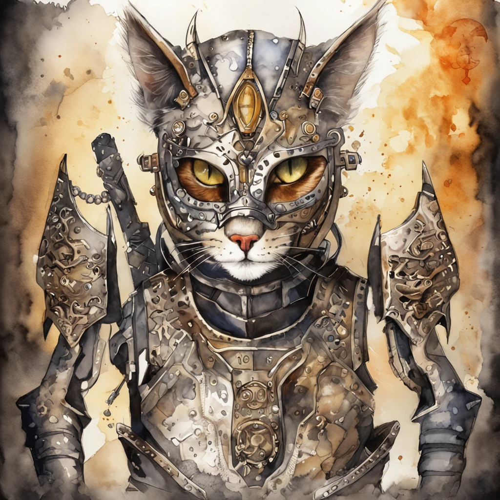 top-quality, Dramatic Lighting, menacing pose, fierce look, epic atmosphere, (((Helmet in the shape of a cat's head))), (((Full body shot))),Metal cat, cyborgs, Cyberpunk style, Clockwork, ((Intricate details)), nffsw, ((Intricate details, hyperdetails)), incandescent lamps, cinematic shot, Vignette, bokeh effect beckground, Cat), (Full body shot).