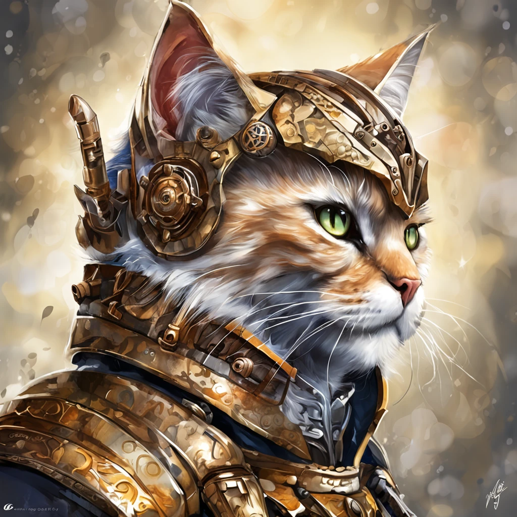 top-quality, Dramatic Lighting, menacing pose, fierce look, epic atmosphere, (((Helmet in the shape of a cat's head))), (((Full body shot))),Metal cat, cyborgs, Cyberpunk style, Clockwork, ((Intricate details)), nffsw, ((Intricate details, hyperdetails)), incandescent lamps, cinematic shot, Vignette, bokeh effect beckground, Cat), (Full body shot).