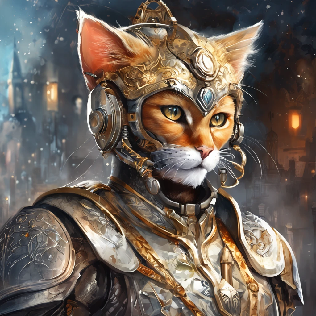 top-quality, Dramatic Lighting, menacing pose, fierce look, epic atmosphere, (((Helmet in the shape of a cat's head))), (((Full body shot))),Metal cat, cyborgs, Cyberpunk style, Clockwork, ((Intricate details)), nffsw, ((Intricate details, hyperdetails)), incandescent lamps, cinematic shot, Vignette, bokeh effect beckground, Cat), (Full body shot).