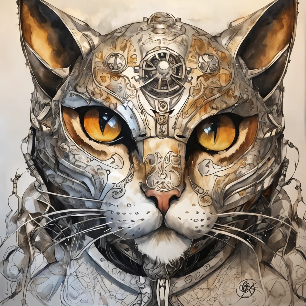 top-quality, Dramatic Lighting, menacing pose, fierce look, epic atmosphere, (((Helmet in the shape of a cat's head))), (((Full body shot))),Metal cat, cyborgs, Cyberpunk style, Clockwork, ((Intricate details)), nffsw, ((Intricate details, hyperdetails)), incandescent lamps, cinematic shot, Vignette, bokeh effect beckground, Cat), (Full body shot).
