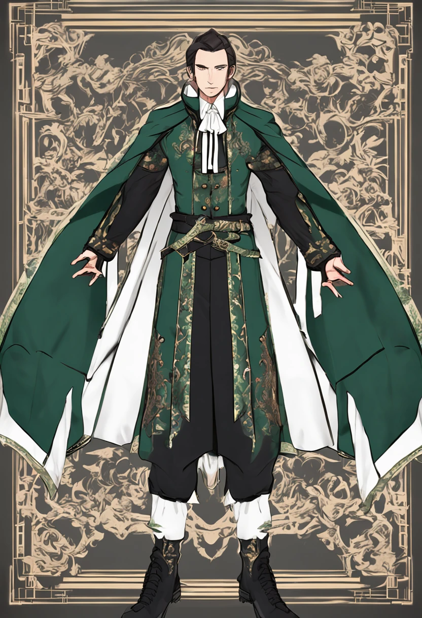 Anime people are good - detailed costumes, Inspired by Fenghua Zhong, ornate dark green clothing, inspired by Romano Vio, picture of a male cleric, symmetrical fullbody rendering, clothing design, front and back, Victorian clothes, expensive outfit, full - body and head view, officer, Mysterious clothes