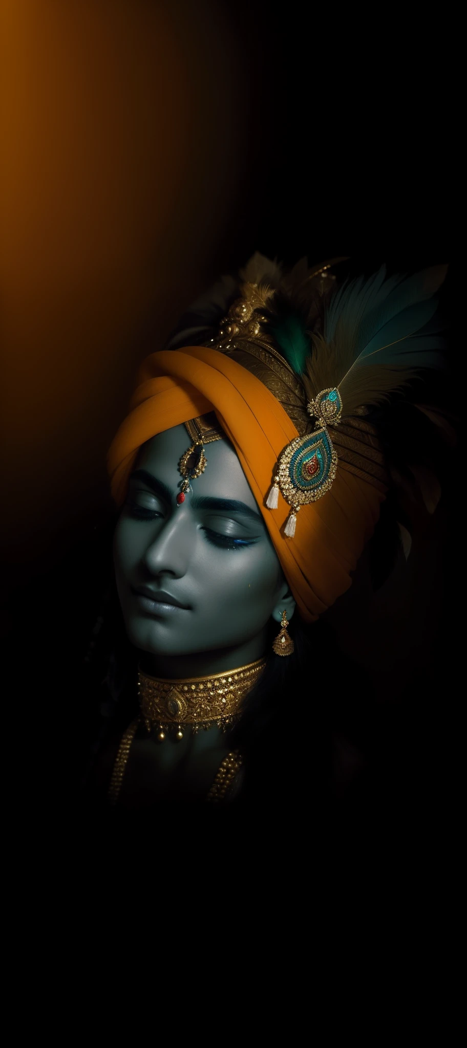 a close up of a person with a feather on their head, indian god, attractive male deity, color photograph portrait 4k, coy expression wearing intricate, an exhausted deity, serene expression, regal and menacing visage, his head covered in jewels, a stunning portrait of a goddess, peaceful expression, portrait of a beautiful goddess, closeup portrait shot, stylish deity