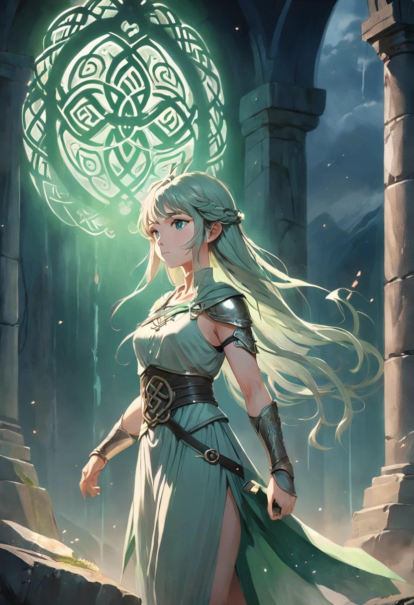 (extremely detailed CG unity 16k wallpaper:1.1), (Denoising strength: 1.45), (tmasterpiece:1.37), Celtic female warriors, Stone ruins, Tall and slender, Flowy dress with Celtic knot jewelry, procreate, watercolor technique, Poster design, 300 dpi, Ethereal art, mysterious, Serene expression, Enchanting atmosphere, Photo, Dark, Dynamic action, pale washed out style, Dreamy nostalgia, Soft focus, dark halo, light  leaks, Medium photography, Gloomy art painting ethereal, Whimsical, Coarse grain photos, Soft lighting, Bokeh, god rays, sparkle, glowing light, 8K