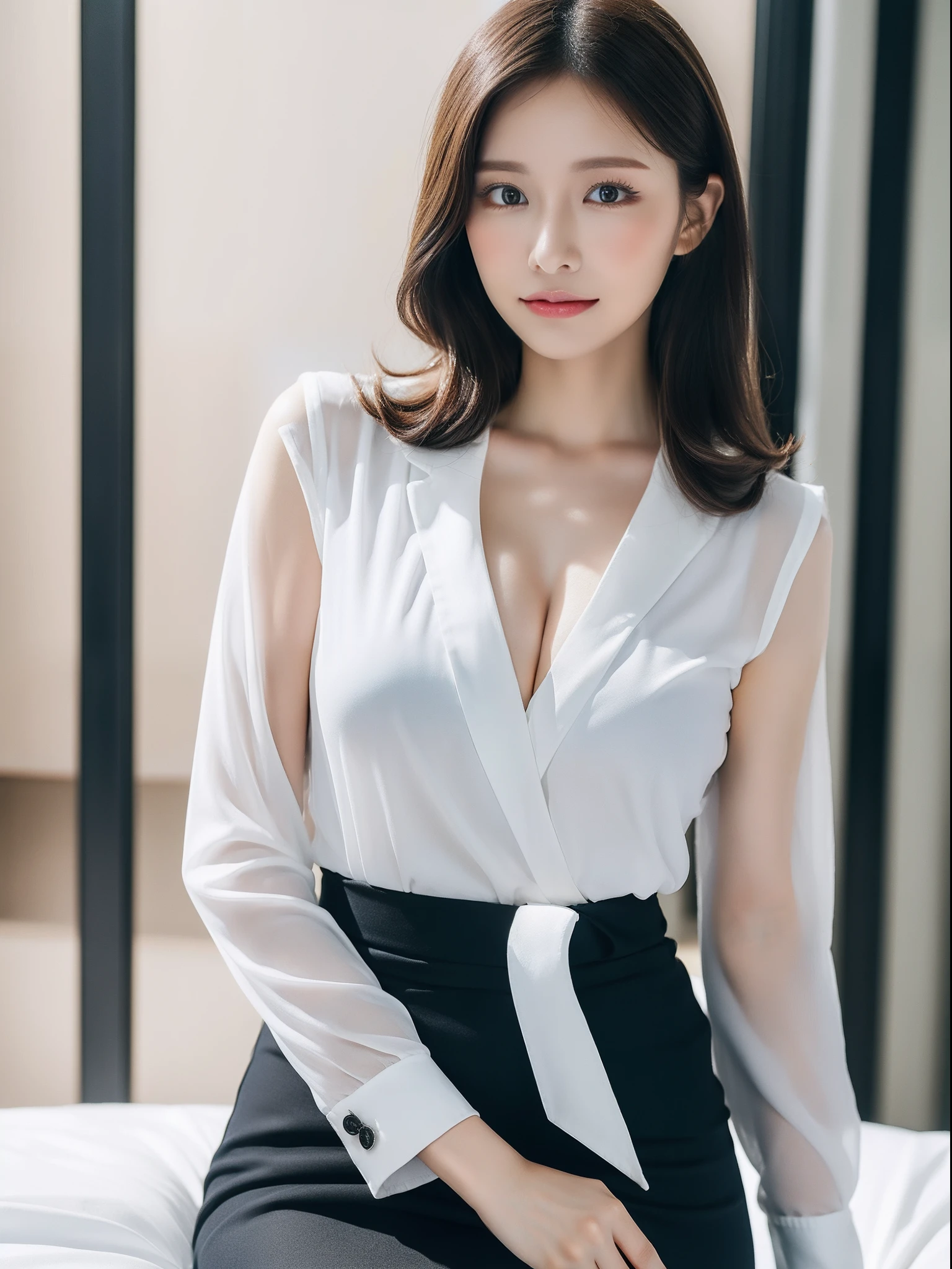 NSFW, (Best Quality, 8K, masutepiece:1.3)) , (femele: 1.4), 1girl in, goddes, 25 years old, costume photography, The whole picture, Nikon SLR camera, Focus aperture F.2, focal length 85mm, (Face Close-up), (Large breasts), ( Standing), (Chest close-up), (Cleavage is exposed), (hip close-up), Arakfi woman in business casual dress posing for photos, PORTs costume, sitting on a bed, Elegant dress, black curly hair, Double eyelids, Black eyes, fine eye details, long eyelashes, fine eyelash details, Snow-white skin, Fine skin texture, Pozi style clothing, formalwear, Business Wear, business skirt, business skirt, delicate skirt, luxurious skirt, full cover skirt, thin waist, the detailed images, elegant intellectual charm beautiful, Charming, elegant high quality, Cheerful, romantic