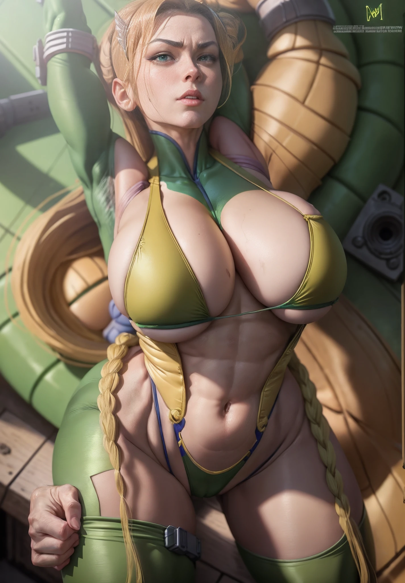 Close-up of a woman in a green and yellow swimsuit, Cammy, Rendu en SFM, Very detailed giant plan, Tatsumaki of a handman, Macro giant, Art of the giant, Chun Li au gymnase, Le, giantess, Tifa Lockhart, photorealistic perfect body, Heavy details, cables on his body, Giant shooting