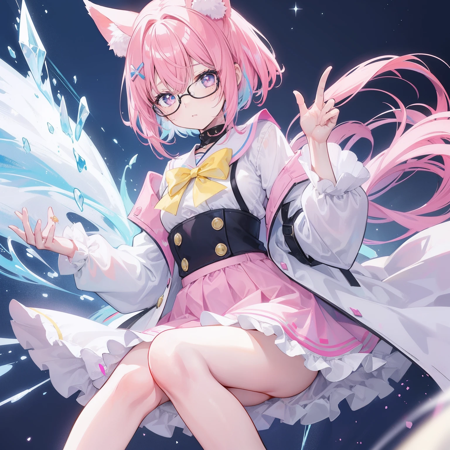 short detailed hair，Fluffy light pink，Wear a white and pink fluffy skirt，It has pink fox ears，Black extra-thick-rimmed glasses，Wearing knee-length white silk，panties visible,  This is a cute loli girl