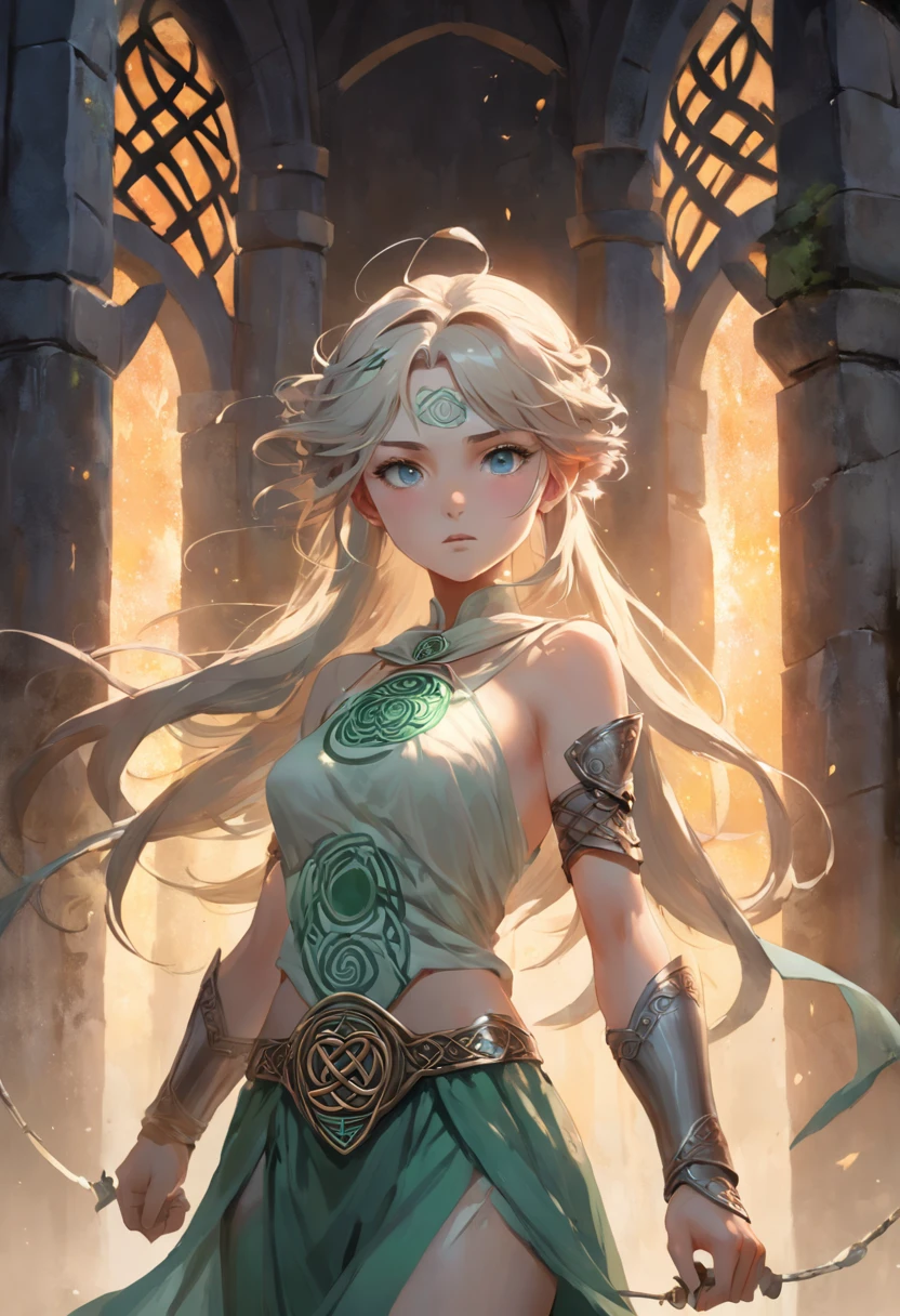 (extremely detailed CG unity 16k wallpaper:1.1), (Denoising strength: 1.45), (tmasterpiece:1.37), Celtic female warriors, Stone ruins, Tall and slender, Flowy dress with Celtic knot jewelry, procreate, watercolor technique, Poster design, 300 dpi, Ethereal art, mysterious, Serene expression, Enchanting atmosphere, Photo, Dark, Dynamic action, pale washed out style, Dreamy nostalgia, Soft focus, dark halo, light  leaks, Medium photography, Gloomy art painting ethereal, Whimsical, Coarse grain photos, Soft lighting, Bokeh, god rays, sparkle, glowing light, 8K