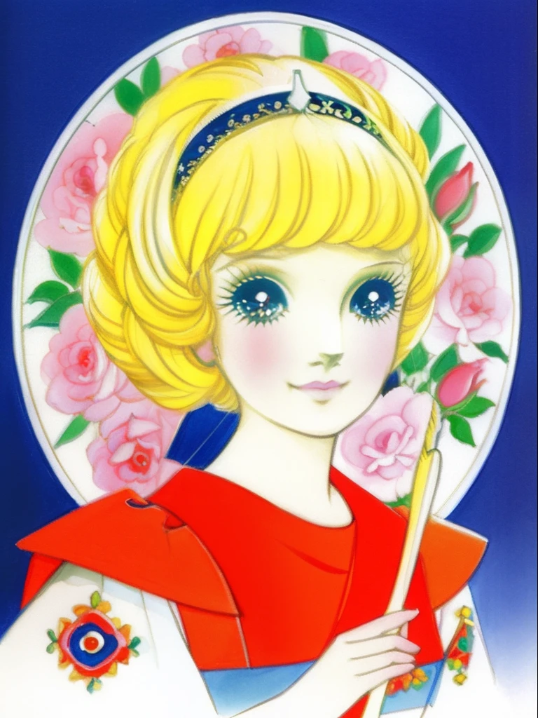 downy，1980 anime，Retro anime，Rumiko Takahashi，Kizi，blond hairbl，gentleness，Brush strokes，，grin，Gorgeous dress，Take the flowers，palace background