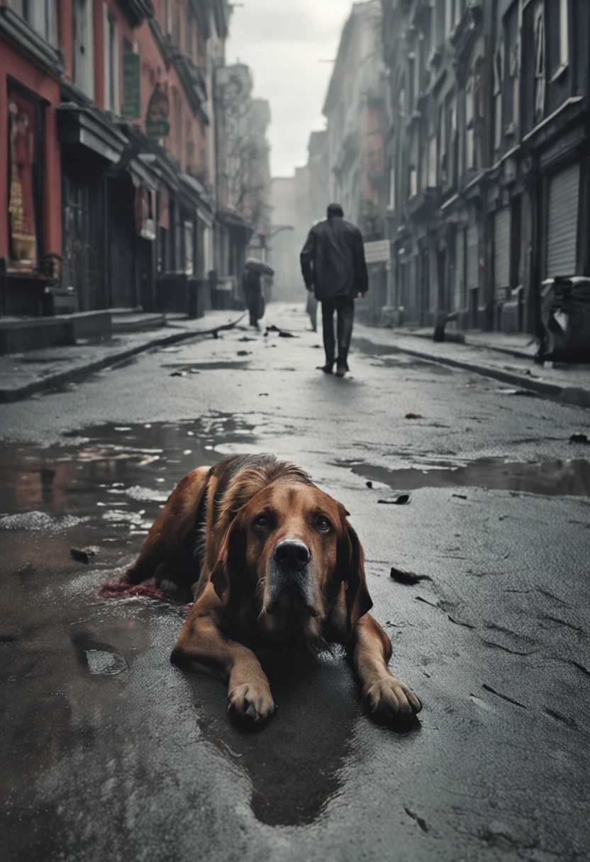 A man fallen to the ground, ((cinema style, 4K)), realistic, with dirty clothes, next to him his faithful dog, wet and unhealthy streets, gray sky