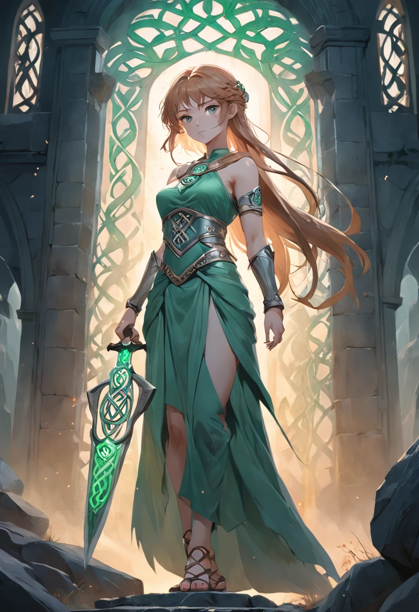 (extremely detailed CG unity 16k wallpaper:1.1), (Denoising strength: 1.45), (tmasterpiece:1.37), Celtic female warriors, Stone ruins, Tall and slender, Flowy dress with Celtic knot jewelry, procreate, watercolor technique, Poster design, 300 dpi, Ethereal art, mysterious, Serene expression, Enchanting atmosphere, Photo, Dark, Dynamic action, pale washed out style, Dreamy nostalgia, Soft focus, dark halo, light  leaks, Medium photography, Gloomy art painting ethereal, Whimsical, Coarse grain photos, Soft lighting, Bokeh, god rays, sparkle, glowing light, 8K