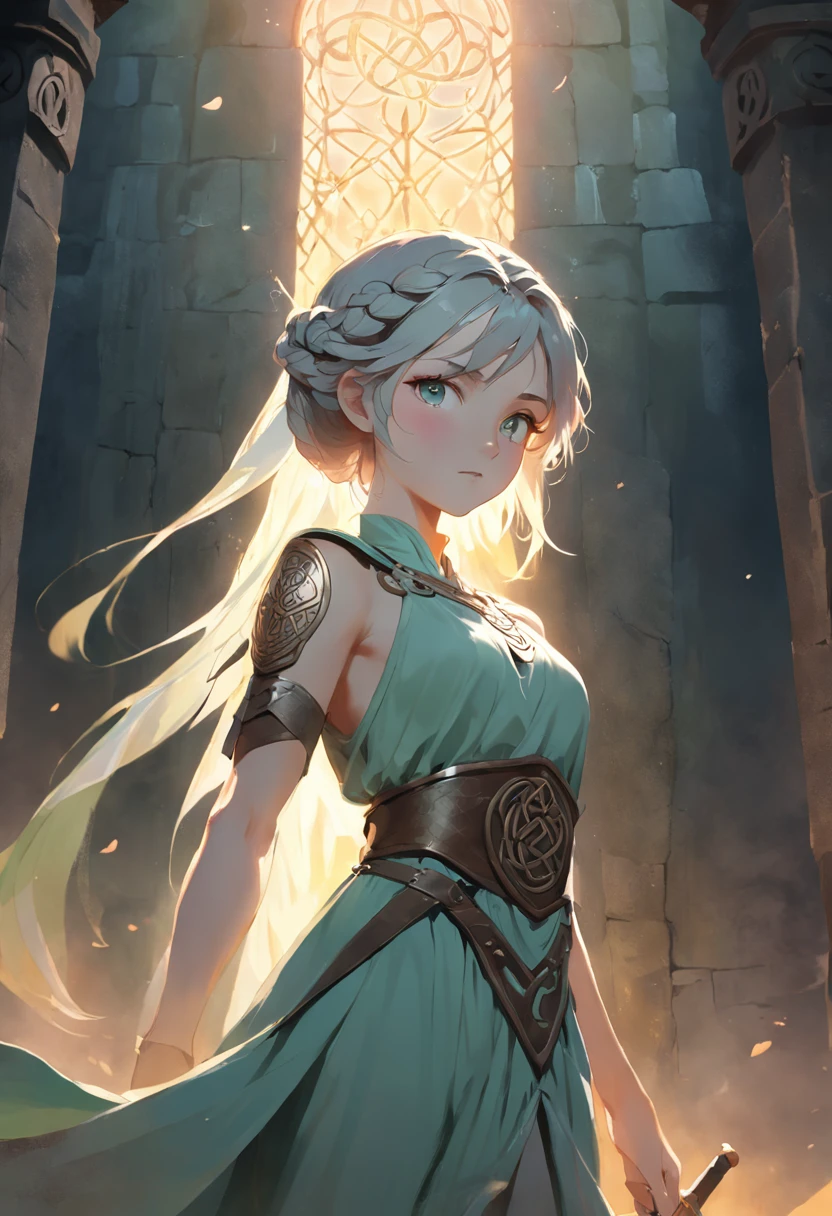 (extremely detailed CG unity 16k wallpaper:1.1), (Denoising strength: 1.45), (tmasterpiece:1.37), Celtic female warriors, Stone ruins, Tall and slender, Flowy dress with Celtic knot jewelry, procreate, watercolor technique, Poster design, 300 dpi, Ethereal art, mysterious, Serene expression, Enchanting atmosphere, Photo, Dark, Dynamic action, pale washed out style, Dreamy nostalgia, Soft focus, dark halo, light  leaks, Medium photography, Gloomy art painting ethereal, Whimsical, Coarse grain photos, Soft lighting, Bokeh, god rays, sparkle, glowing light, 8K