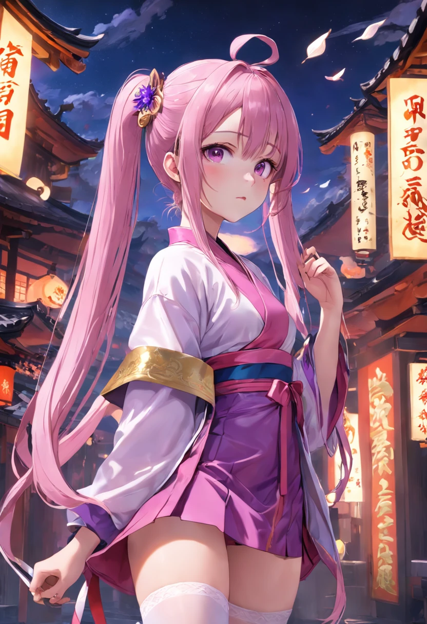 cabellos largos dorados,Side ponytail,Pink and purple clothes,China-style,white stockings,444 Hz, Beautiful, Breathtaking, Highly detailed, 8K, Use, Affectionate, Ultra photo realsisim, scenery