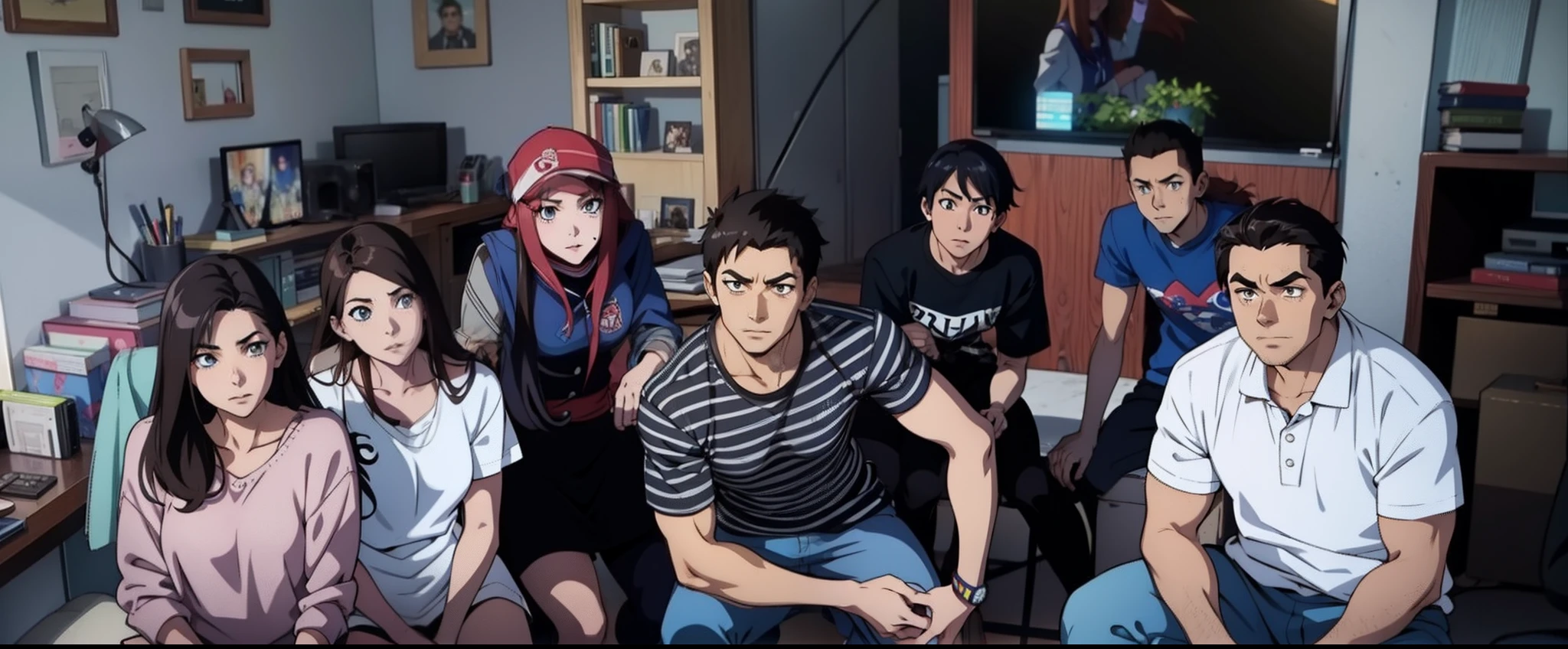 Anime scene, highschool teenage group watching TV