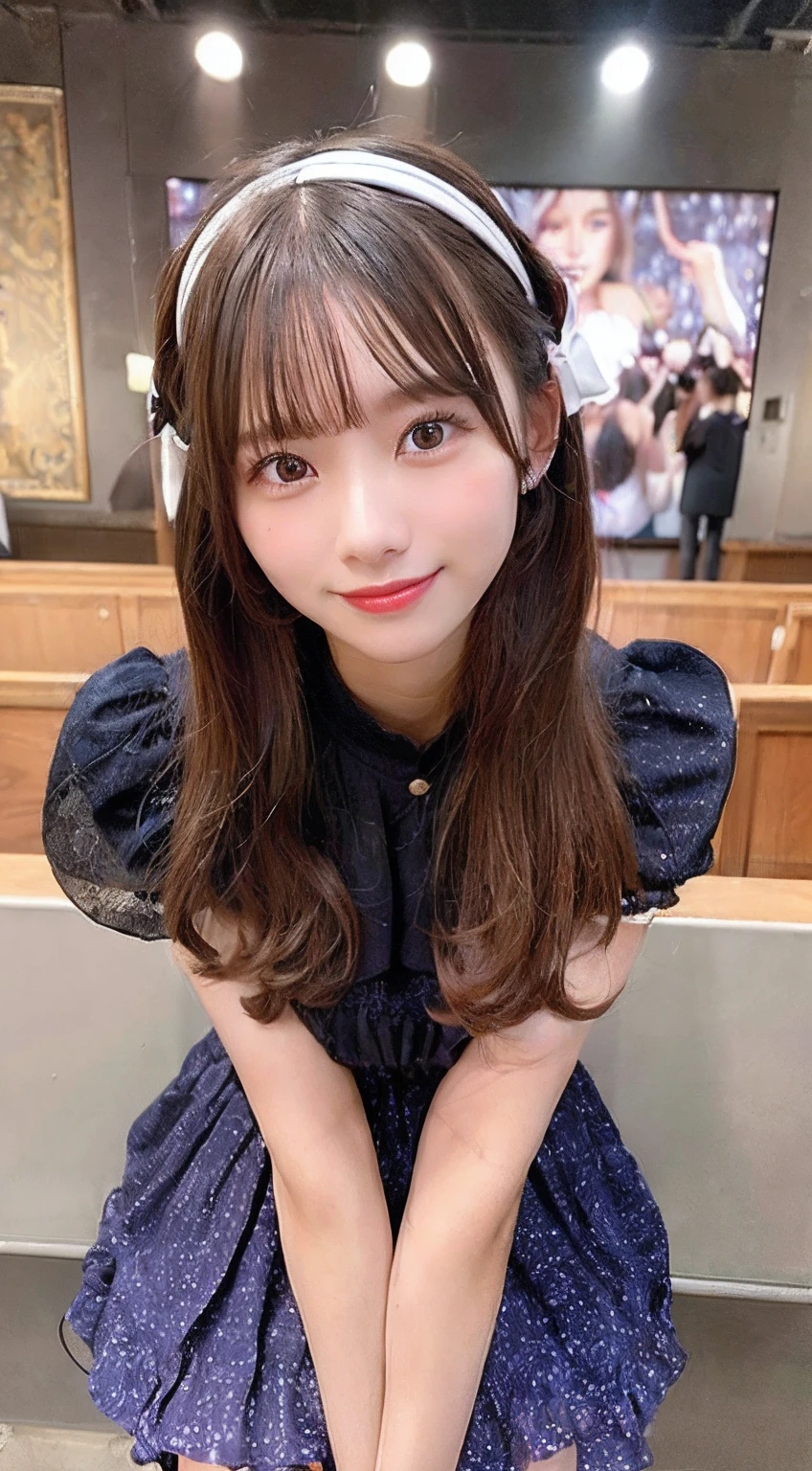 Head from thigh、、Leaning forward、Lolita、Idol Costumes、(8K、Raw photography、Top image quality、masterpiece:1.2)、high-definition RAW color photography、professional photograpy、cowboy shot、(realisitic、photos realistic:1.37)、((top-quality))、女の子1人、ciinematic light、(Face of detail:1.2)、(masterpiece:1.5)、(top-quality:1.2)、(A smile:1.2)、(Look at viewers:1.2)、Lolita、Idol、doress、stage、spot light、concert、mascara、makeups、teak、Ultra-realistic capture, Highly detailed, High resolution 16k close-up of human skin. Skin texture must be natural, With such detail that pores can be finely identified. Skin should look healthy, In a uniform tone. Use natural light and color